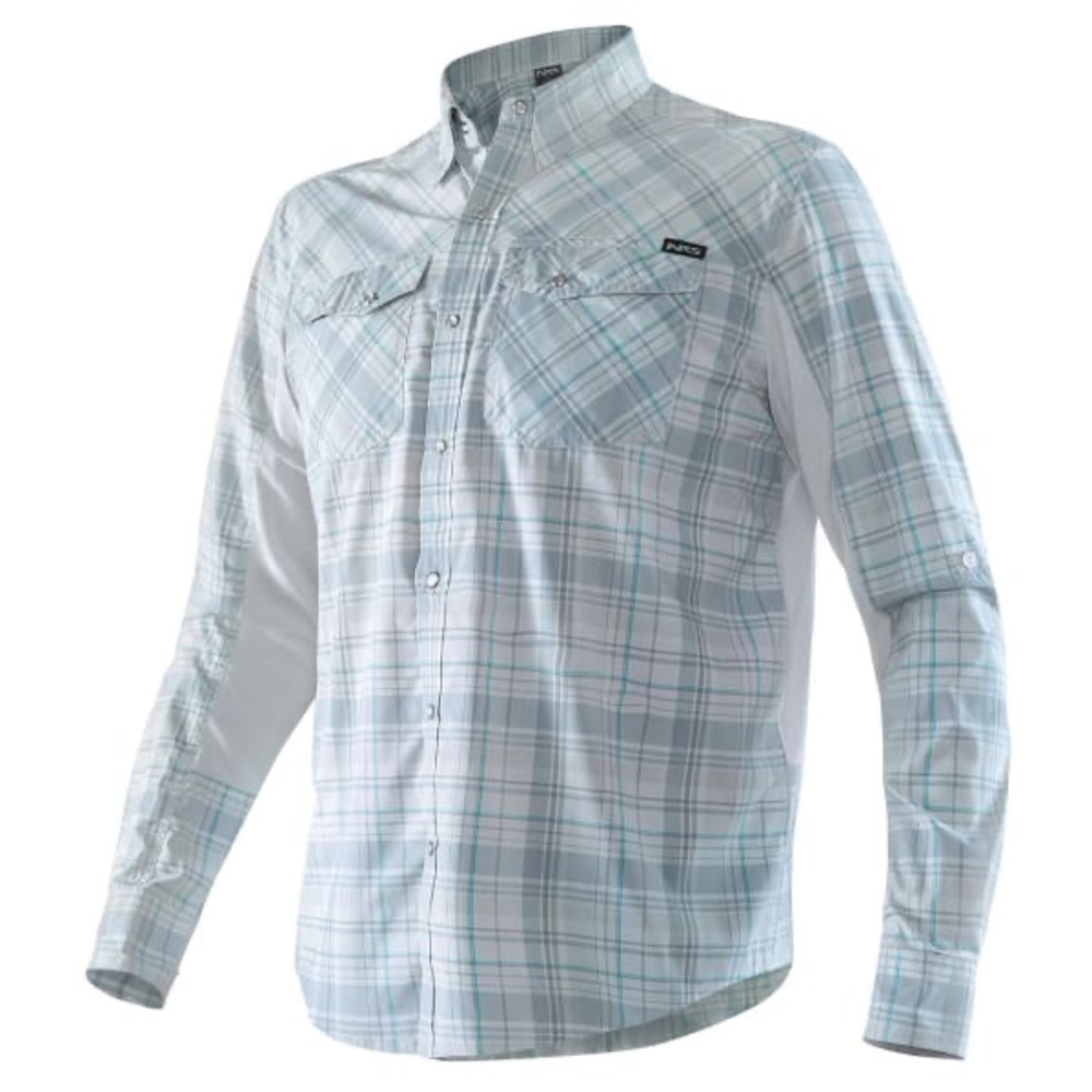 NRS Men's Guide Long Sleeve Snap front Shirt blue/gray men's size small New NWT